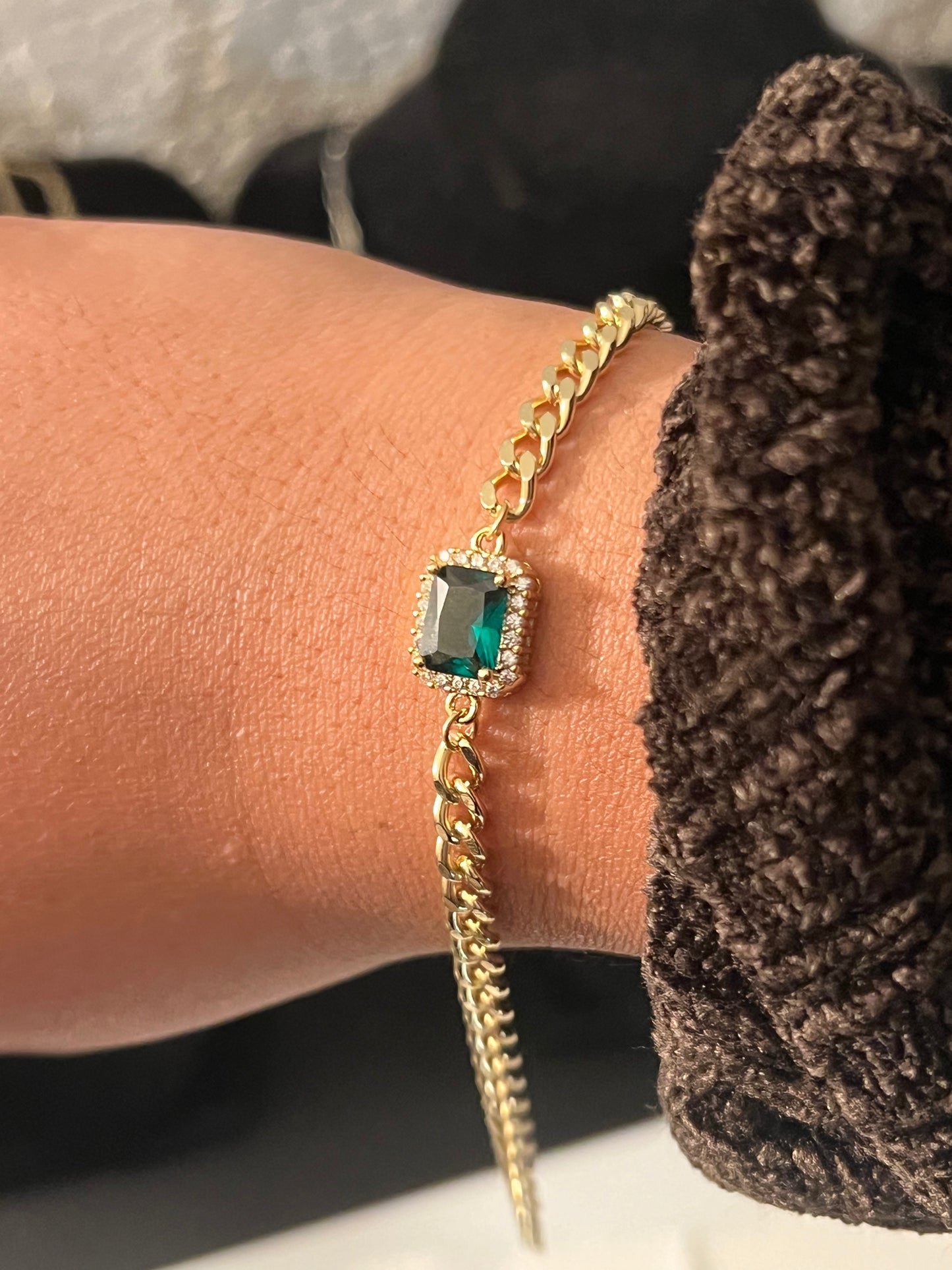 The Emerald Baguette Bracelet on 14k Gold Filled Curb Chain Bracelet